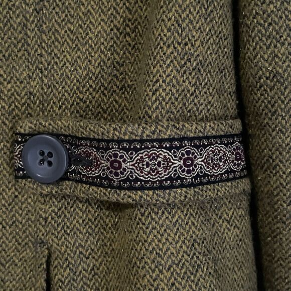 Free People Pea Coat Wool Silk Faux Fur Collar Women's Sz 10 Green Tweed Ribbon - Picture 16 of 16